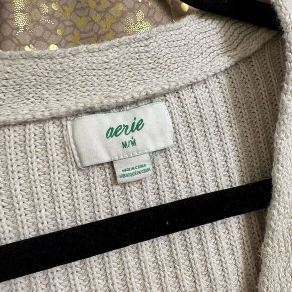 Aerie Cropped Cardigan Cream Beige Chunky Knit Balloon Sleeves Medium - Picture 3 of 6
